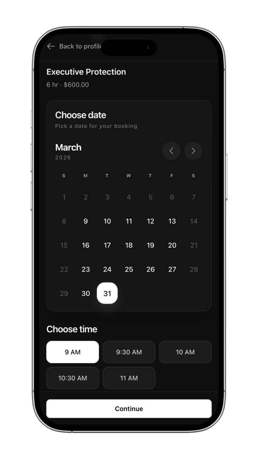 Calendar and time selection when booking a service