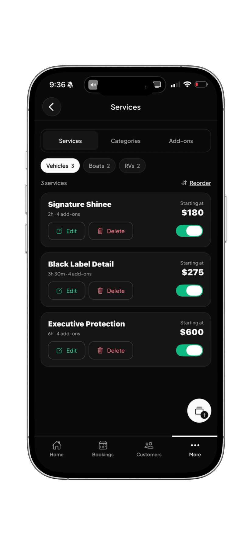 Services list with prices and Book now button