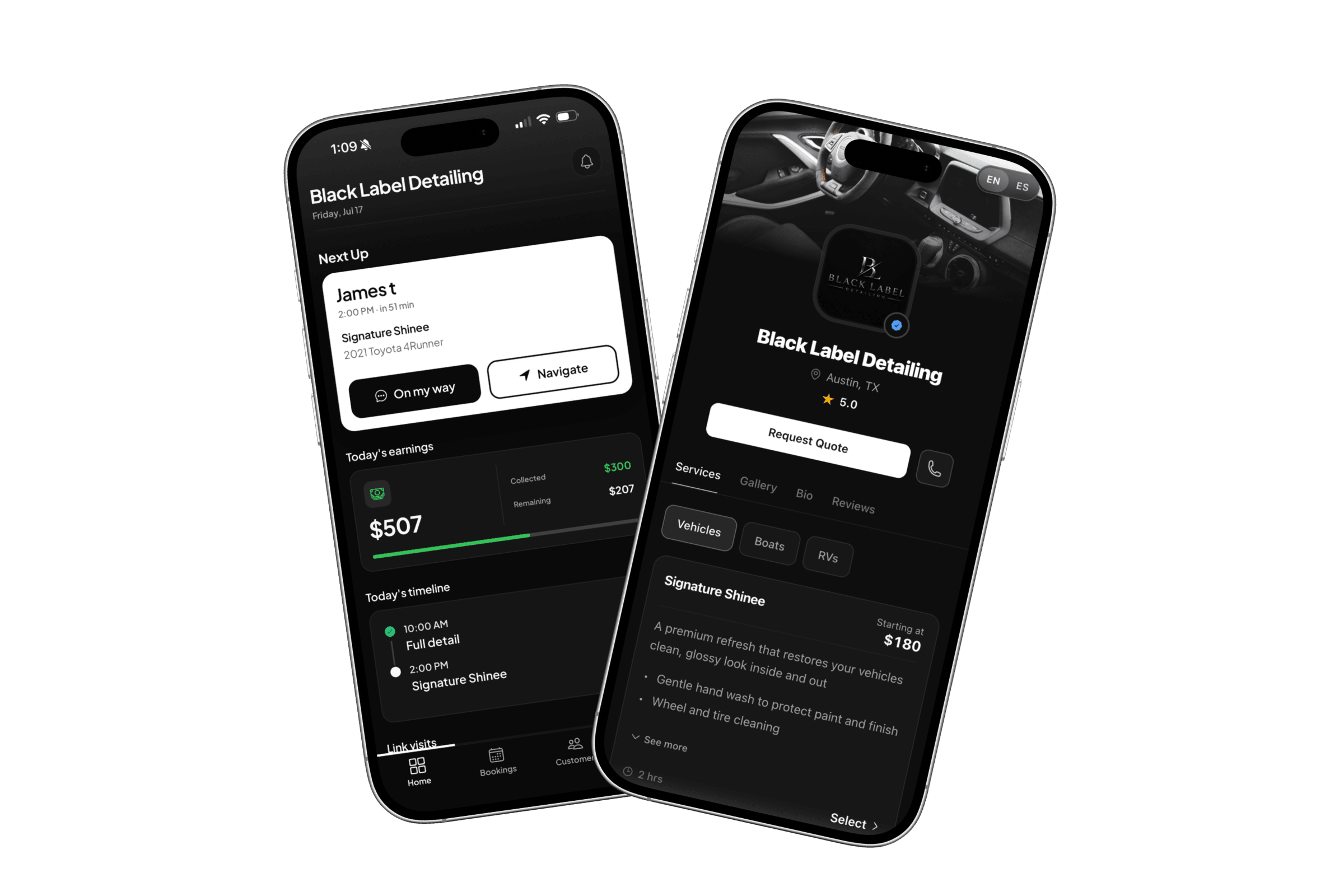 ServiceLink mobile app and customer booking profile side by side