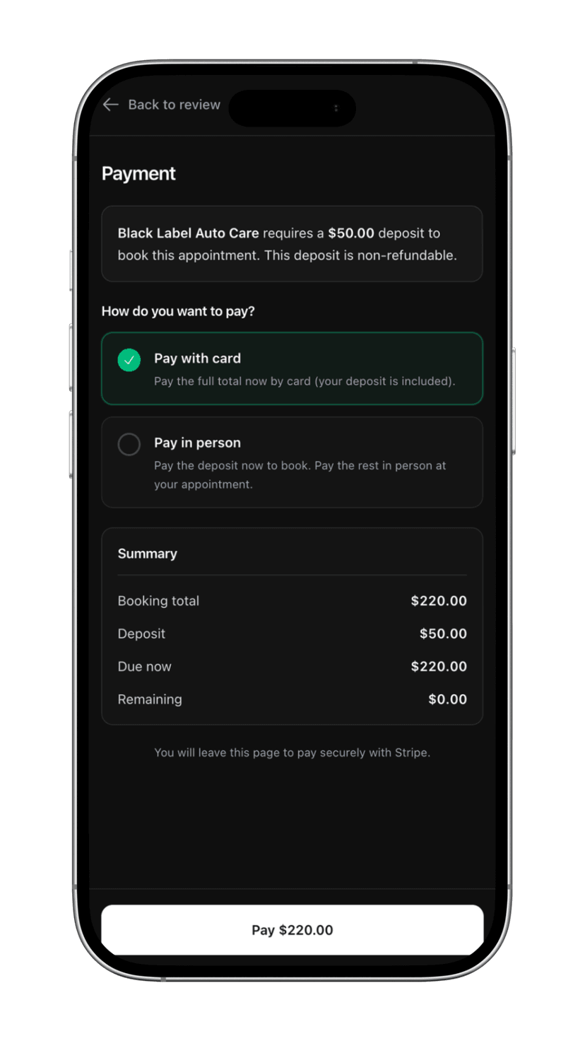 Payment screen with deposit and pay-in-app options